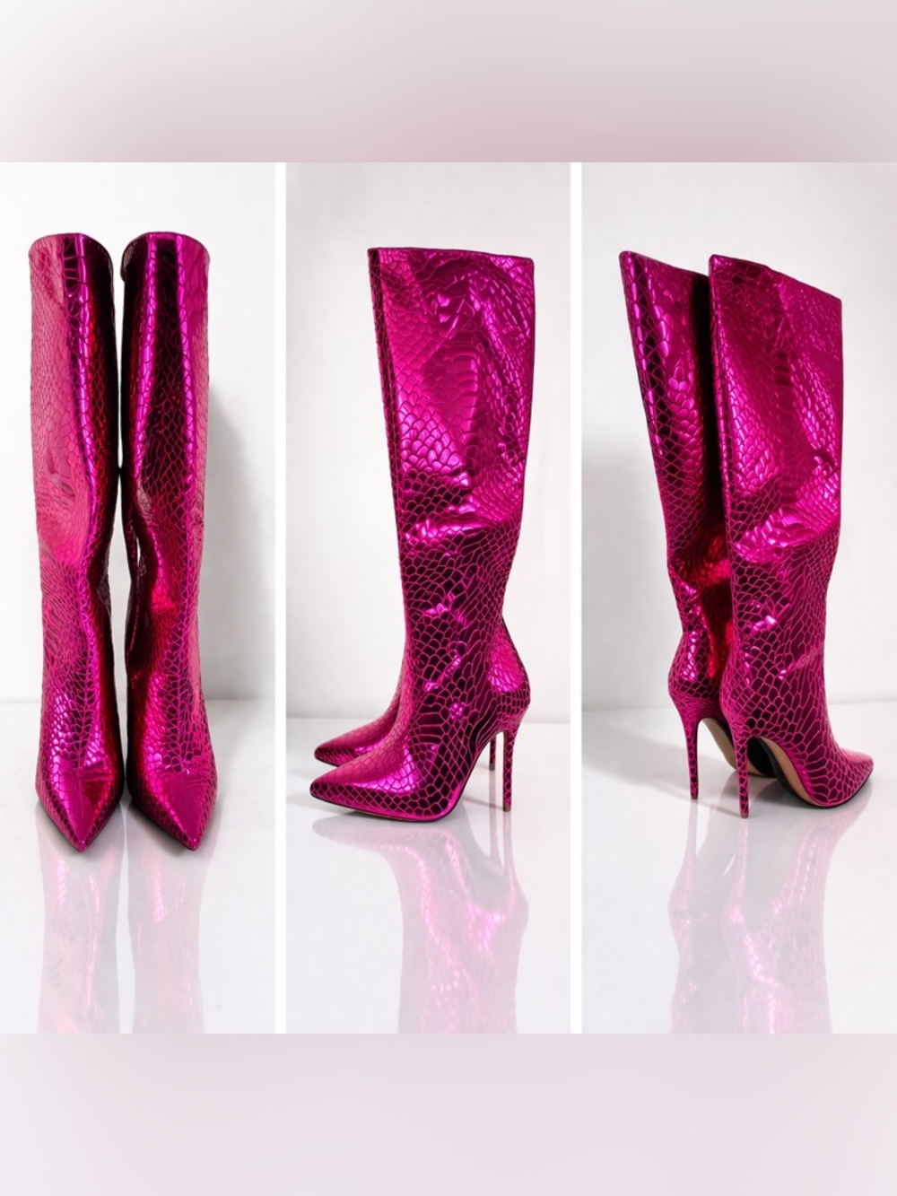 Fashion Nova Metallic Fuchsia Knee-High Stiletto Boots